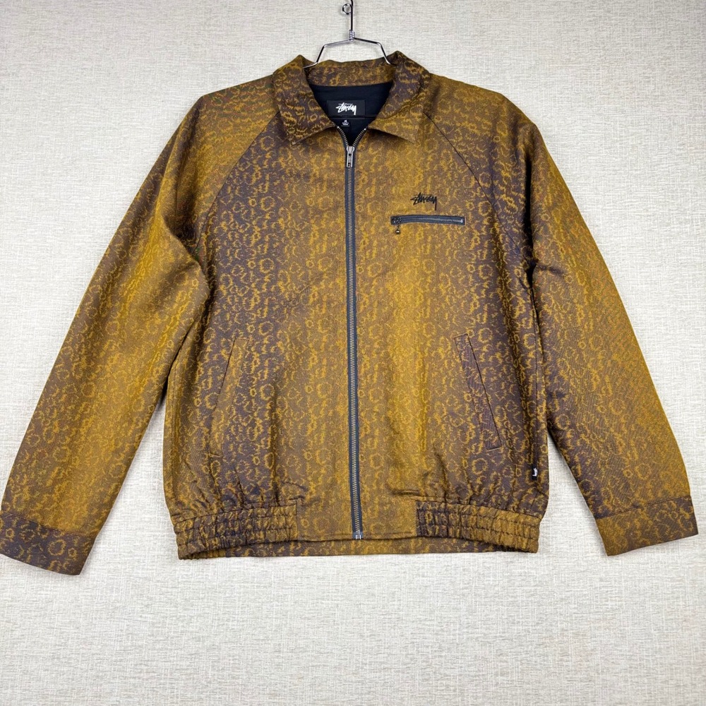 Stussy Mens Jacquard Leopard Print Zip Up Jacket Gold Brown Y2K Streetwear M